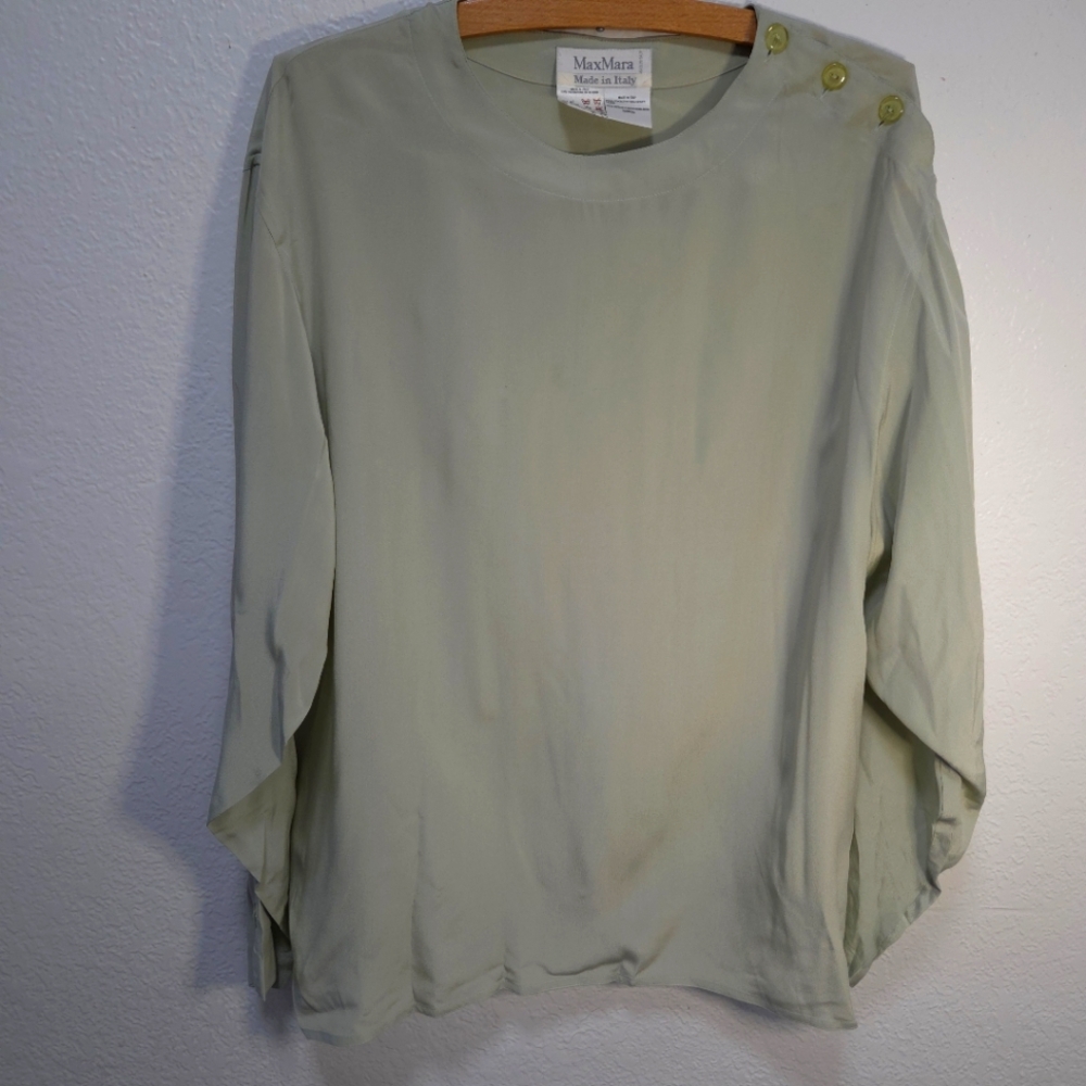 MAX MARA ITALY Vintage 100% Silk Light Green Long Sleeve Blouse Top Size 12